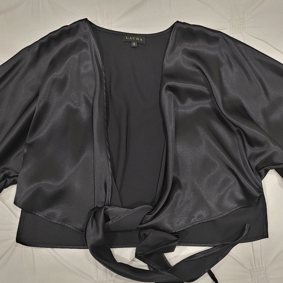 Laura charcoal black satin tie up cardigan wrap shall. Size M - Picture 1 of 10